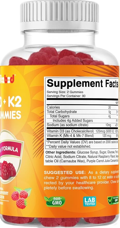 Vitamin D3 + K2 Gummies – Bone & Heart Health Support – 180 Pectin-Based Vegan Gummies