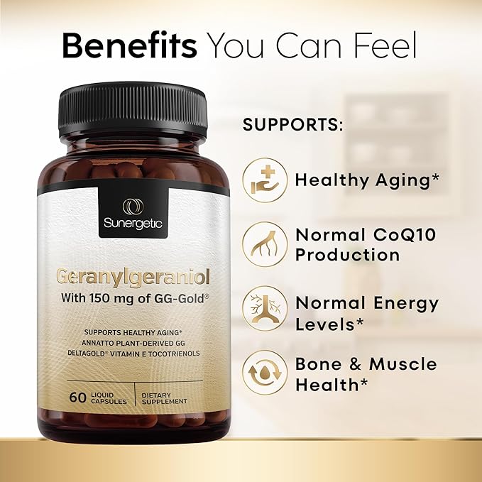 Premium Geranylgeraniol Supplement – GG-Gold 150mg CoQ10 Production 60 Capsules