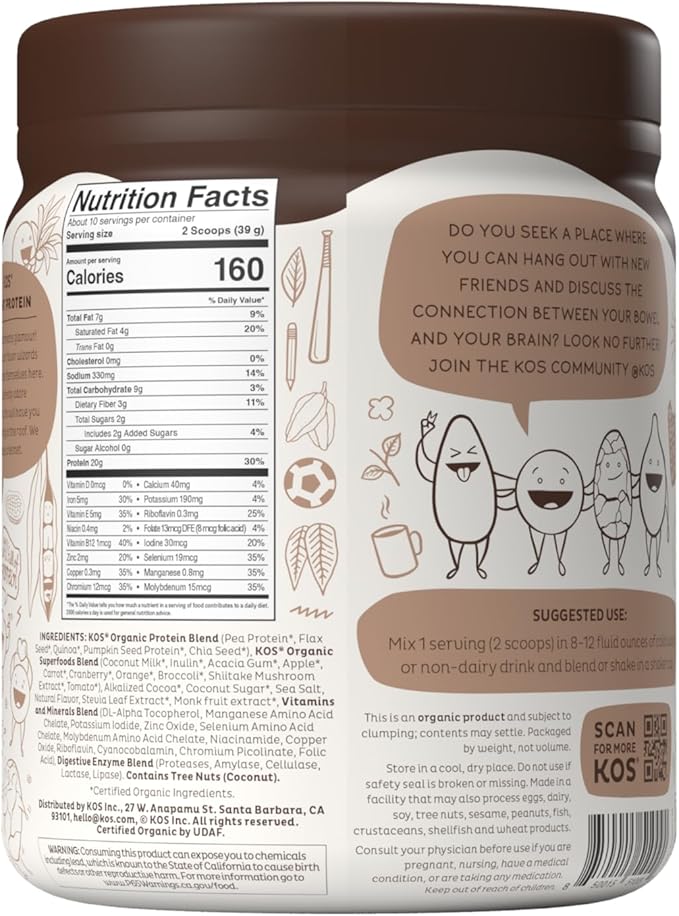 KOS Vegan Protein Powder, Chocolate USDA Organic 10 Servings