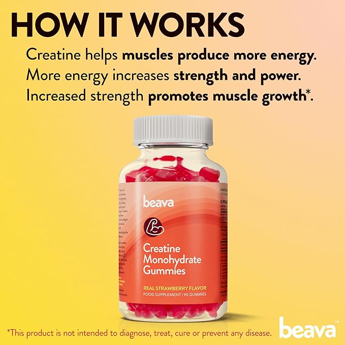 Creatine Monohydrate Gummies - 30 Servings - Vegan Creatine Chews for Muscle Growth, Muscle Recovery, Workout Recovery, Anaerobic Endurance - No Loading Phase - No Bloating - Strawberry - Low Sugar