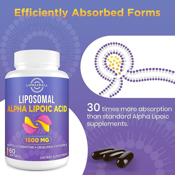 Liposomal Alpha Lipoic Acid 1500mg 900mg & 100mg & 15mg,ALA Supplement 60 Softgels (3 Bottle)