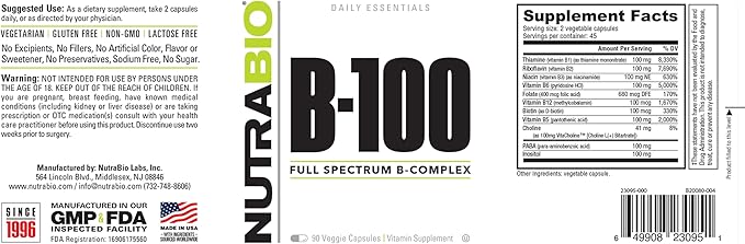NutraBio B-100, B Vitamin Complex, Immune 90 Vegetable