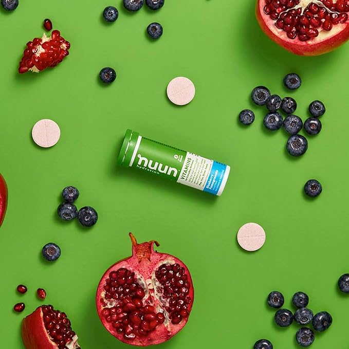 Nuun Hydration Vitamins Electrolyte Tablets, Blueberry Pomegranate, 5 Essential Electrolytes for Hydration + Vitamin A, B6, C, D, E, with Magnesium, Vegan, Non-GMO, 8 Pack (96'Servings)