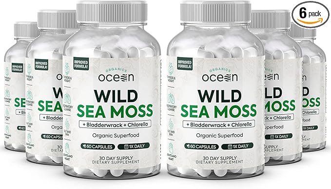 Wild Sea Moss Capsules - 100% Organic Irish Sea Moss with Organic Chlorella, Bladderwrack and Vitamin D for Energy, Lung Health and Thyroid Support for Women and Men - 6 Bottles