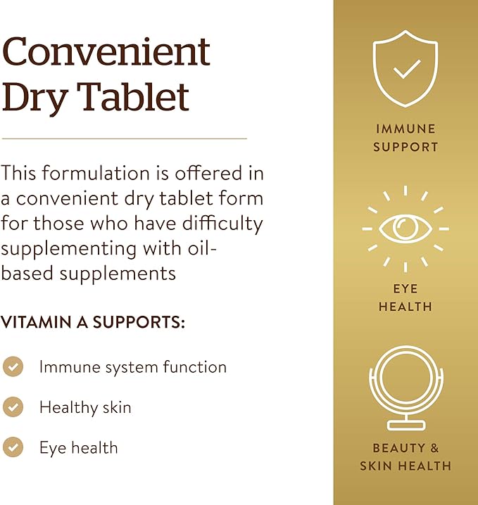 SOLGAR Dry Vitamin A 1500 mcg (5000 IU), 100 Tablets 100 Servings 2)