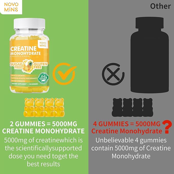 Creatine Monohydrate Gummies 5000mg for Men & Women, Chewables Creatine Monohydrate for Muscle Strength, Muscle Builder, Energy Boost, Pre-Workout Supplement(90 Count)-Pineapple Flavor.