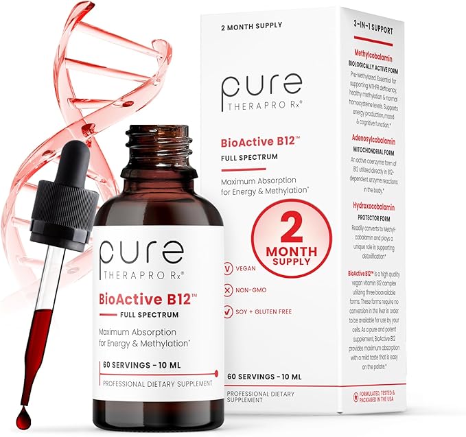 Pure TheraPro BioActive Vegan Methylated Vitamin B12 Sublingual Liquid Methylcobalamin, Hydroxocobalamin & Adenosylcobalamin 1,000 mcg per Drop (5 Drops = 5,000mcg / 2 Month Supply) 10 ml