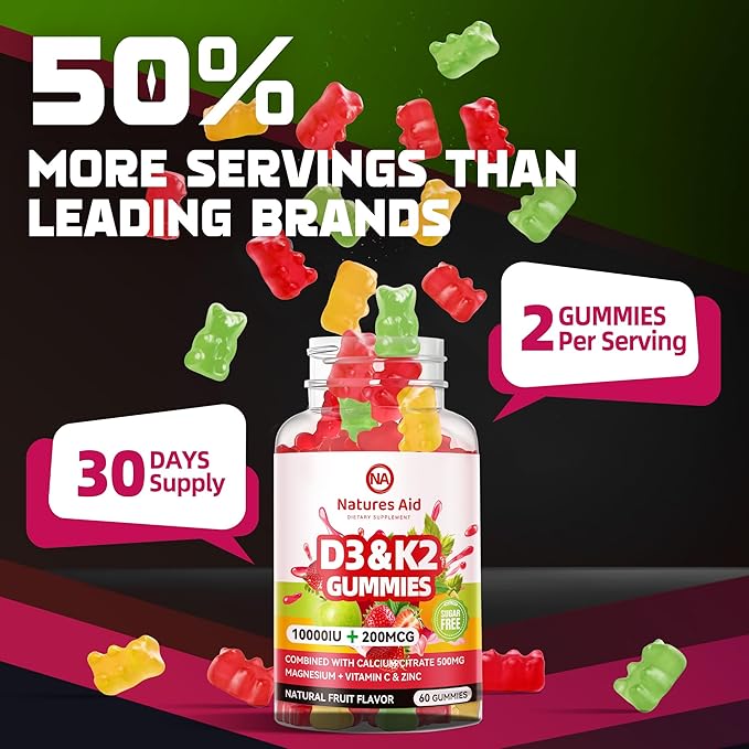 Sugar-Free Vitamin D3 K2 Gummies with Calcium + K2 (MK-7), Magnesium Citrate, Vitamin C, Extra Strength - Ultimate Absorption for Bone Muscle Teeth Immune, Vegan - 60 Gummies