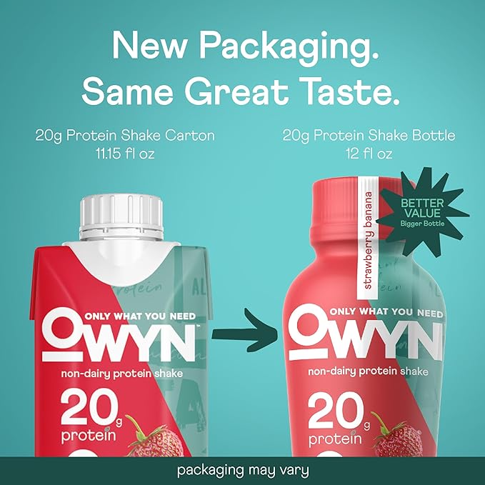 OWYN Only What You Need Vegan Protein Shake, Strawberry Banana, 20g Plant Based Protein, Omega-3, Prebiotic Supplements, Gluten-Free, Soy-Free, Non-GMO (24 Pack) (Packaging May Vary)