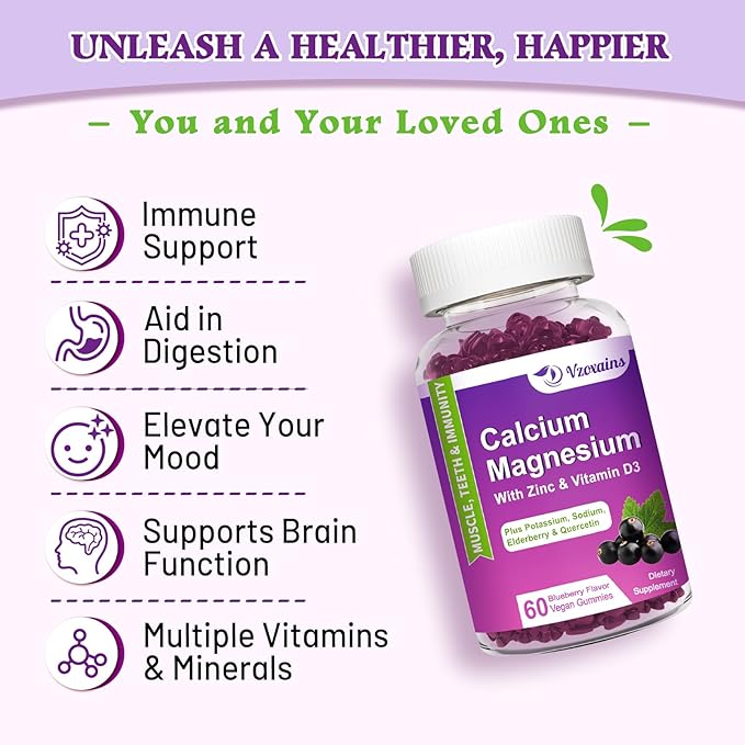 High Absorption Calcium Magnesium Zinc Gummies, Calcium Magnesium Supplement with Potassium Vitamin D3 for Bone & Teeth Strength, Muscle Function - Blueberry Flavor 120 Cts