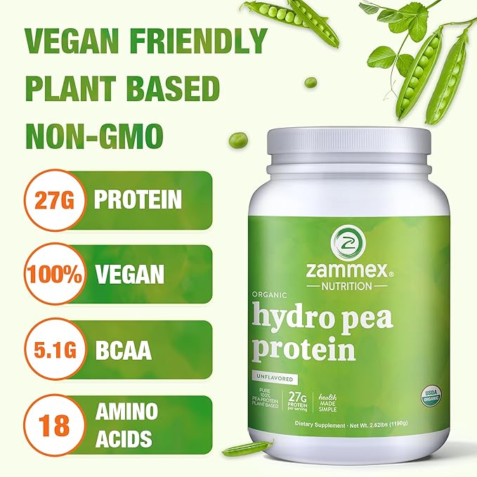 Zammex Organic Pea Protein Powder, 27g 100% Vegan 2.62lbs, Natural