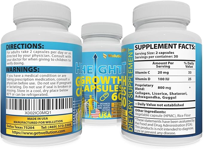 WELLUTION Height Growth Maximizer – Natural Supplement for Bone Strength & Support – Made in USA – Calcium-Enriched Pills