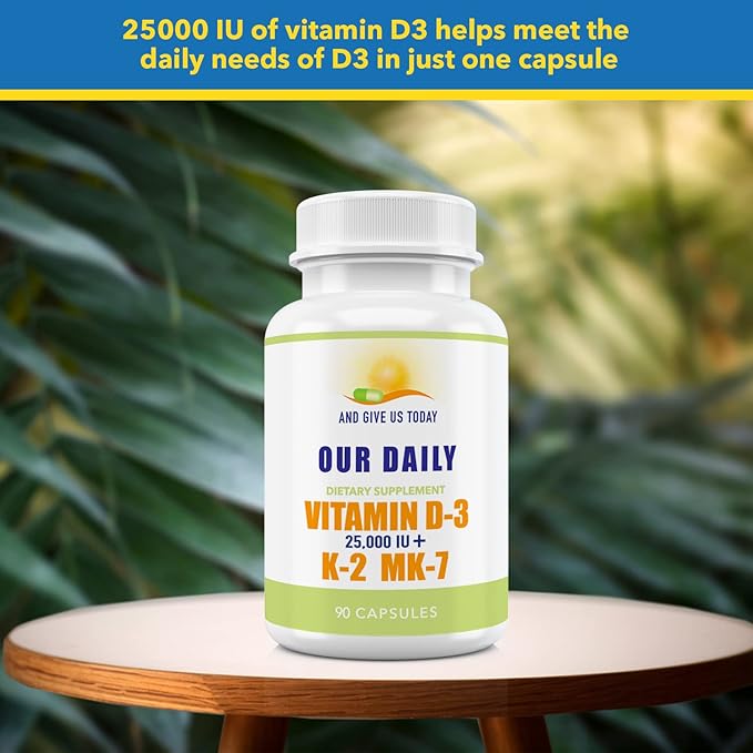 Our Daily Vites Vitamin D-3 25,000 IU + K2 - High Potency D3 with Vitamin K Bone, Immune, Mood + Cardiovascular Support Supplement