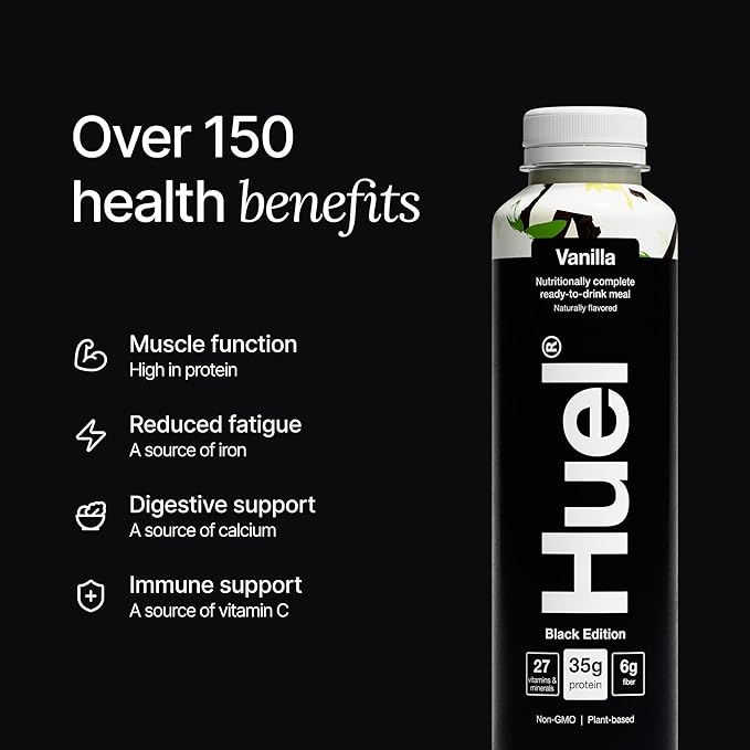 Huel Black Edition Ready-to-Drink, Vanilla Meal Replacement Drink, 35g High Protein, 27 Vitamins and Minerals, Vegan, Gluten Free, Plant Based, High Fiber, Low Sugar, 16.9 Fl Oz (12 Pack)