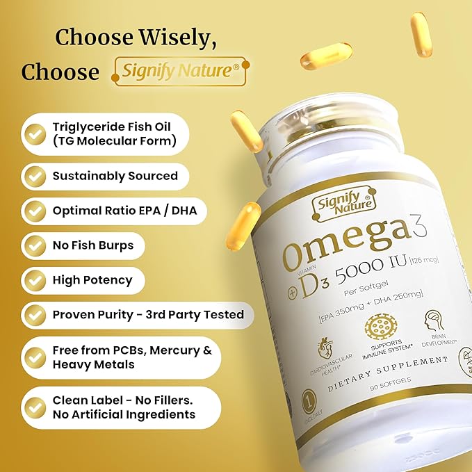 Omega 3 Fish Oil Supplement D3 5000 5000 IU 1000mg Triglyceride Omega-3 Fish 3 Blend D3 & 3-90CT