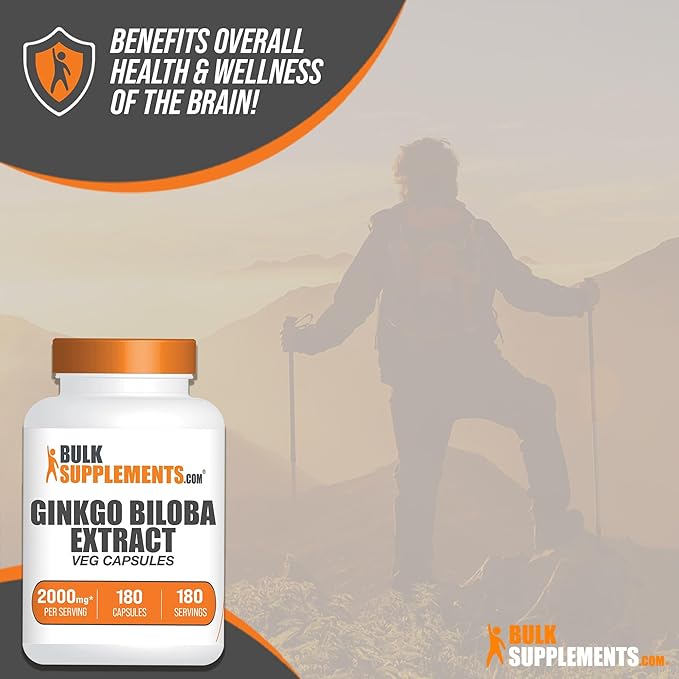 BulkSupplements.com Ginkgo Biloba Extract Capsules 2000mg, Ginkgo 1 Capsule 180 Veg