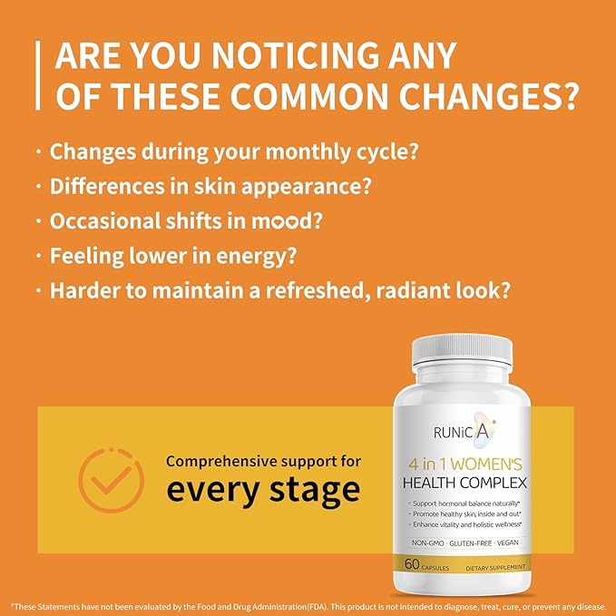 4-in-1 Women's Health Complex, Supports Hormone Balance, Skin Health & Vitality - with Rosehip, Evening Primrose, Soy Isoflavones & Pueraria Mirifica - 60 Vegan Capsules