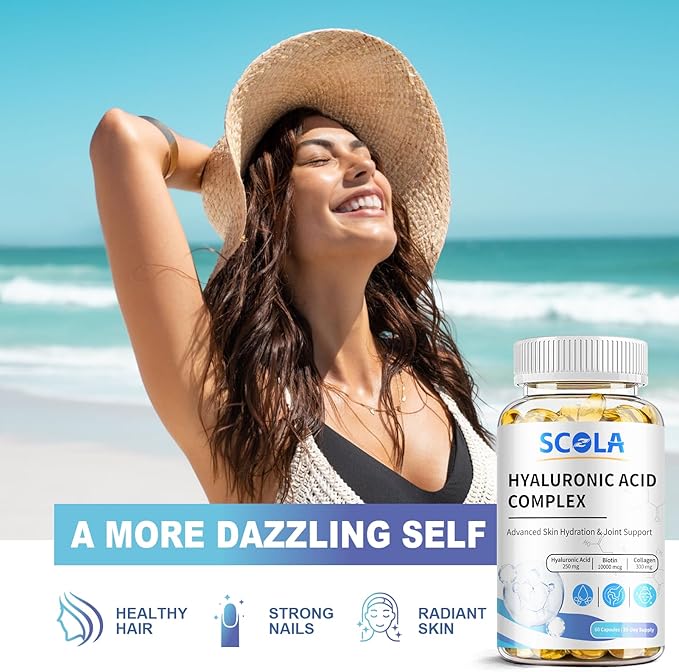 Hyaluronic Acid Supplements - Advanced Skin Hydration & Joint Support with 250 mg Hyaluronic Acid, Vitamin C, Collagen, and 10000 mcg Biotin - Anti-Aging, Skin, Supplement - 60 Vegan Capsules