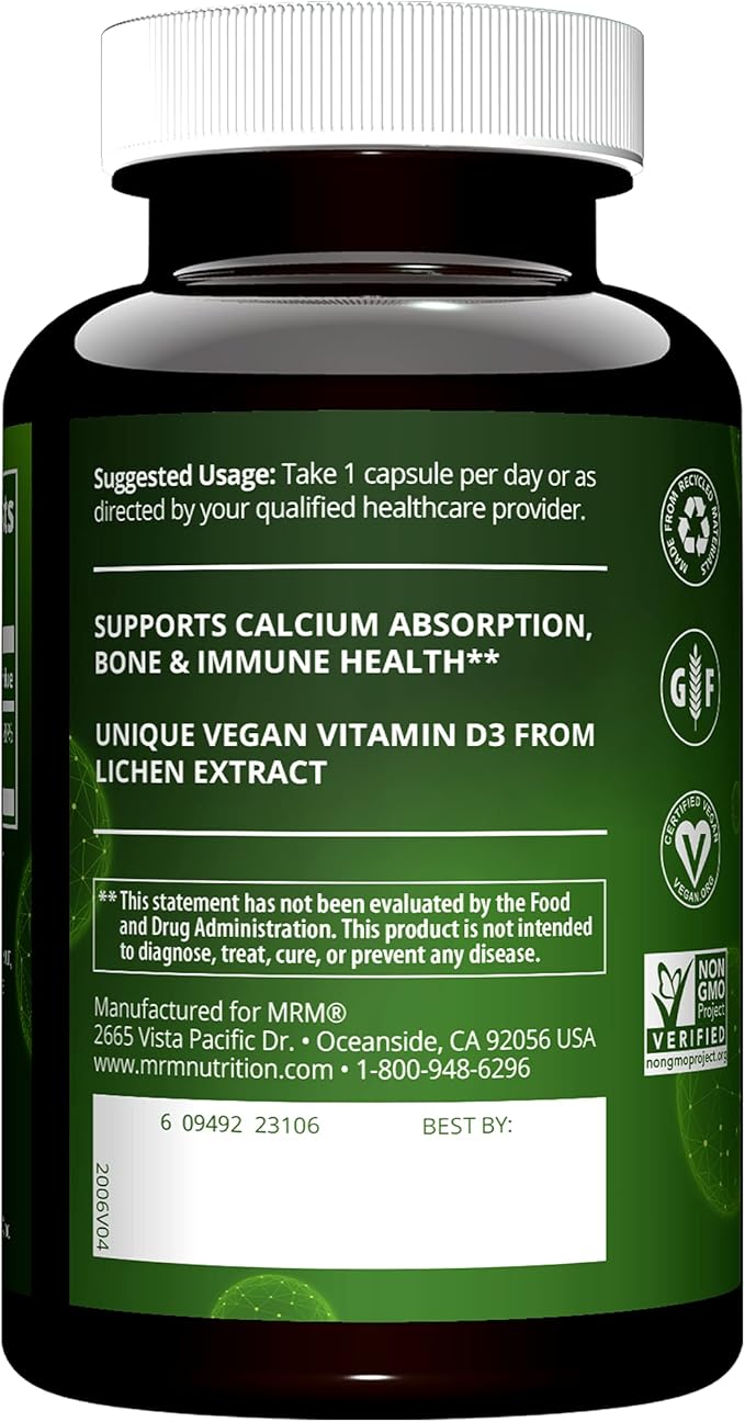 MRM Nuturition Vegan Vitamin D3 5,000 IU | Bone + Immune Health | Made from lichens | Supports Calcium Absorption | Vegan + Vegetarian Friendly | 60 Servings