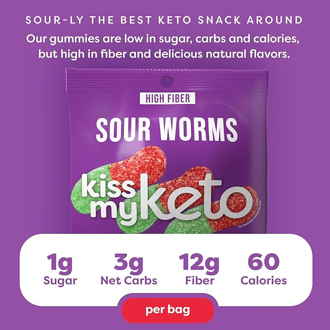 Kiss My Keto Sour Gummy Worms – 1g Sugar, Low Carb, High Fiber, non-GMO Sour Gummies Candy – Healthy Sour Worms Candy, Delicious Sour Gummy Candy Gummy Worm – Gummy Worms Individual Packets (16-pack)