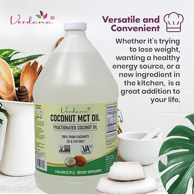 Verdana Coconut MCT Oil, Fractionated, Genuine 100% Coconut Derived, Kosher Food Grade, Vegan, NON-GMO, Great for Keto and Paleo Diet, Ayurvedic Oil Pulling Oral Rinse Mouthwash (1 Gallon)