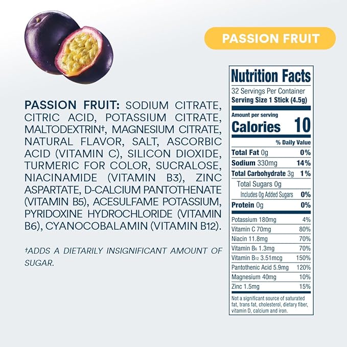 DripDrop Hydration - Zero Sugar Passion Fruit - Electrolyte Drink Mix Single Serve Powder Packets | Non-GMO, Gluten Free, Vegan | 32 Sticks