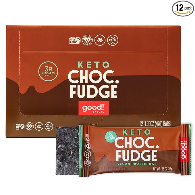 good! Snacks Keto Vegan Protein Bars, Chocolate Fudge, Gluten Free Keto Snack Bar, Low Carb, Low Sugar Meal Replacement, High Protein Healthy Snacks, 11g Protein, 3g Net Carbs, 12 Bars