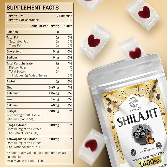 1400 MG Shilajit Gummies, Shilajit Pure Himalayan Organic Gummies with Ashwagandha, Himalayan shilajit for Men, 85+ Trace Minerals & Fulvic Acid, Individually Wrapped, Sugar-Free, 60 Gummies