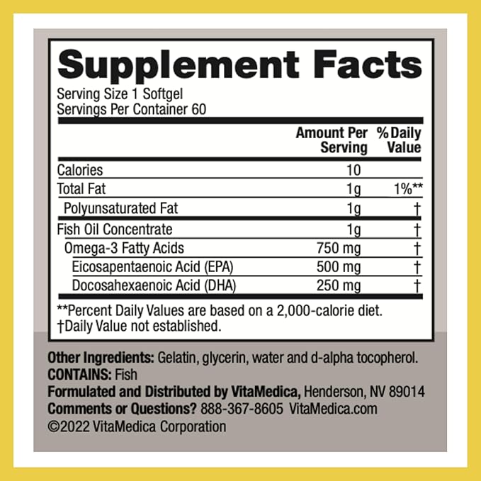 High-Potency, Super EPA/DHA Fish Oil 750mg Omega-3 Fatty
