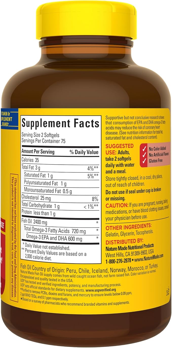 Nature Made Fish Oil 1200 mg 3 Fish 3 Supplement 150 Softgels, 75 Day