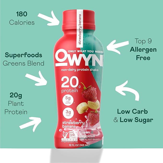 OWYN Only What You Need Vegan Protein Shake, Strawberry Banana, 20g Plant Based Protein, Omega-3, Prebiotic Supplements, Gluten-Free, Soy-Free, Non-GMO (24 Pack) (Packaging May Vary)