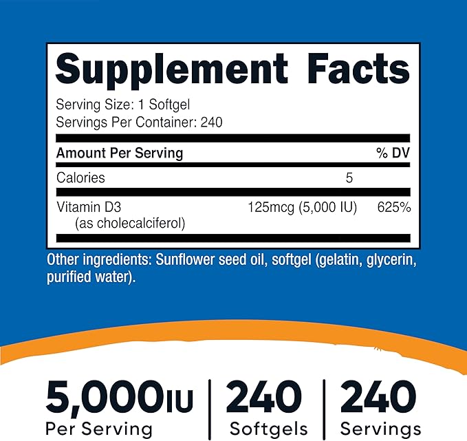 Nutricost Vitamin D3 5,000 IU, 240 Softgels (3 Bottles)