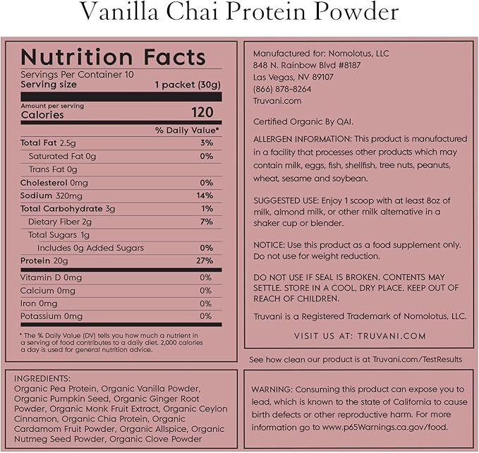 Truvani Vegan Pea Protein Powder 20g Organic 10 Servings
