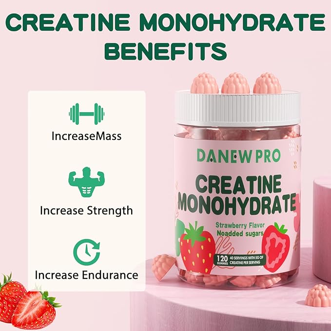 Creatine Monohydrate Gummies 5000mg for Men & Women, Creatine Monohydrate for Muscle Strength, Muscle Builder, Energy Boost, Pre-Workout Supplement(120 Count)-Strawberry Flavor
