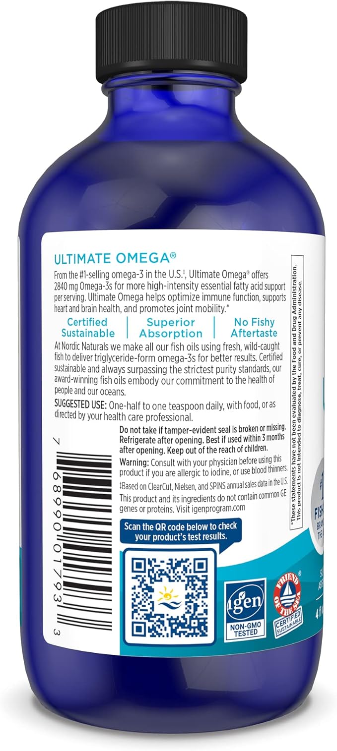 Nordic Naturals Ultimate Omega Liquid, Lemon Flavor 4 oz 2840 mg Omega-3 - Omega-3 Fish 24 Servings