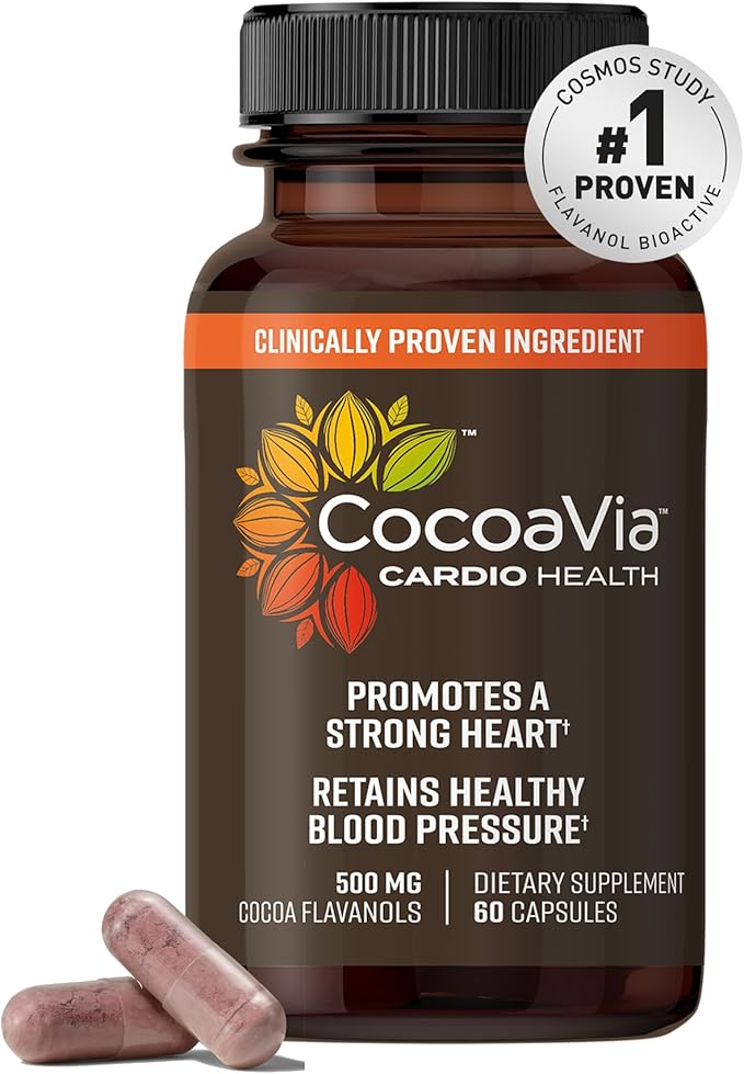 CocoaVia Cardio Health Supplement, 30 Day, 500mg Cocoa Flavanols, Support Heart Health, Boost Nitric Oxide, Blood Circulation, Energy, Vegan, Dark Chocolate, 60 Capsules