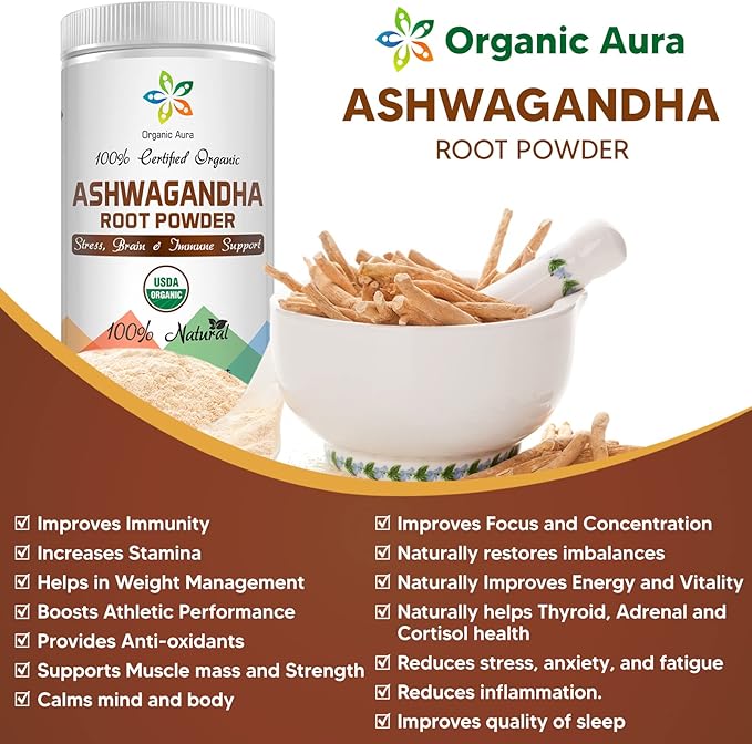 Certified Organic Ashwagandha Root Powder 8Oz -1/2Lb. Enhances 100% Pure
