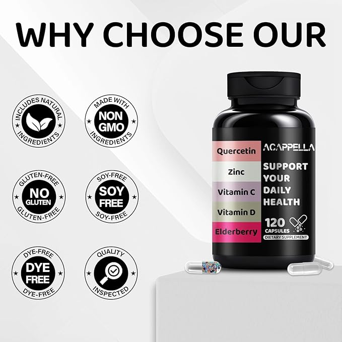 ACAPPELLA Quercetin, Zinc, Vitamin C, Vitamin D3, Elderberry Capsule - Boosters for Adults with Turmeric, Ginger Root, Nettle, Reishi Mushroom, L-Lysine Hydrochloride, Bromelain (1)