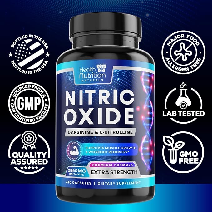 Extra Strength Nitric Oxide Supplement L Arginine 3X Strength - Citrulline Malate, AAKG, Beta Alanine - Premium Muscle Supporting Nitric Booster for Energy & Strength to Train Harder - 240 Capsules