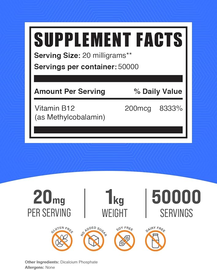 BulkSupplements.com Vitamin B12 Methylcobalamin Powder 1% B12 B12 Methylcobalamin, B12 Supplement, 20mg per 1kg (2.2 (2.2 lbs) 1)