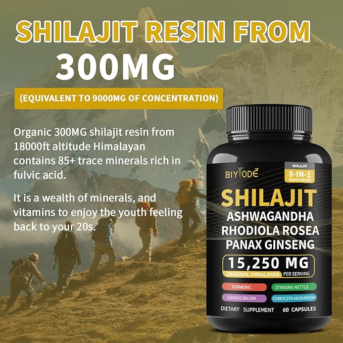 Shilajit Capsules Himalayan 8-in-1 Concentrated Organic, 15250mg of 60 Caps, 30 Day