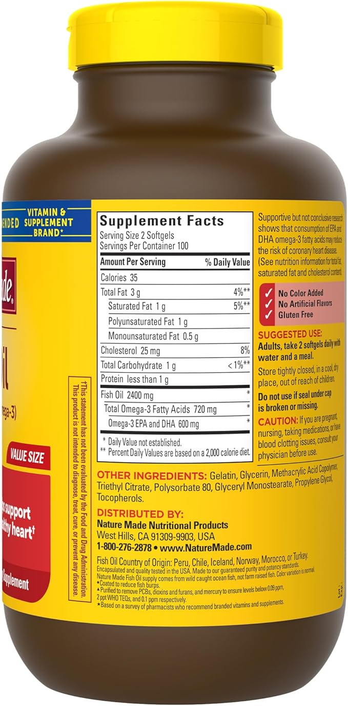 Nature Made Burp Less Fish Oil 1200 mg, 3 Fish 3 Supplement 200 Softgels, 100 Day