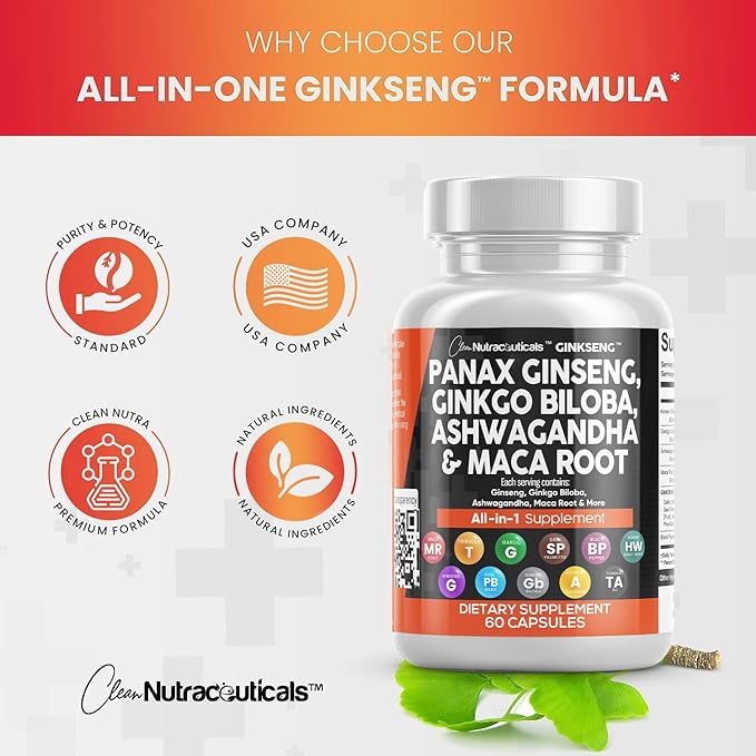 Clean Nutraceuticals Panax Ginseng 10000mg Ginkgo 4000mg Ashwagandha 3000mg - 60 Caps