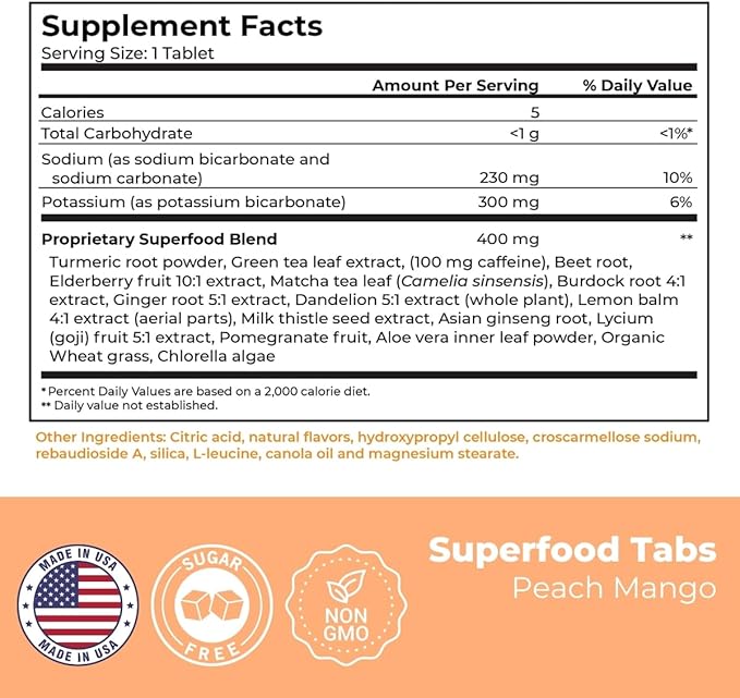 skinnytabs Anti-Bloat Cleanse Drink with 15 Superfoods | Supports Digestion, Energy & Cravings | Vegan, Non-GMO | 30 Effervescent Tabs ā Peach Mango Flavor