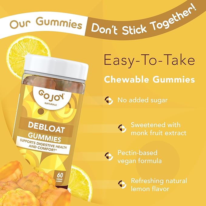 GOJOY NATURALS Lemon Debloat Gummies - Bloating, Gut Health & Digestive Support Herbal Supplement for Women & Men - Non-GMO, Sugar, Soy & Gluten Free - Vegan (30 Servings)