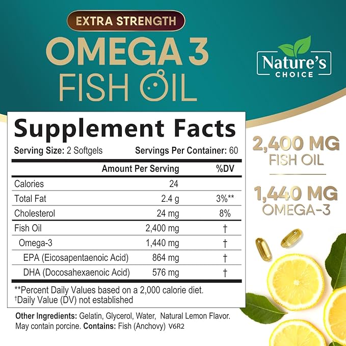 Triple Strength Omega 3 Fish Oil 2400 mg Omega-3 Supplements, 120 Softgels
