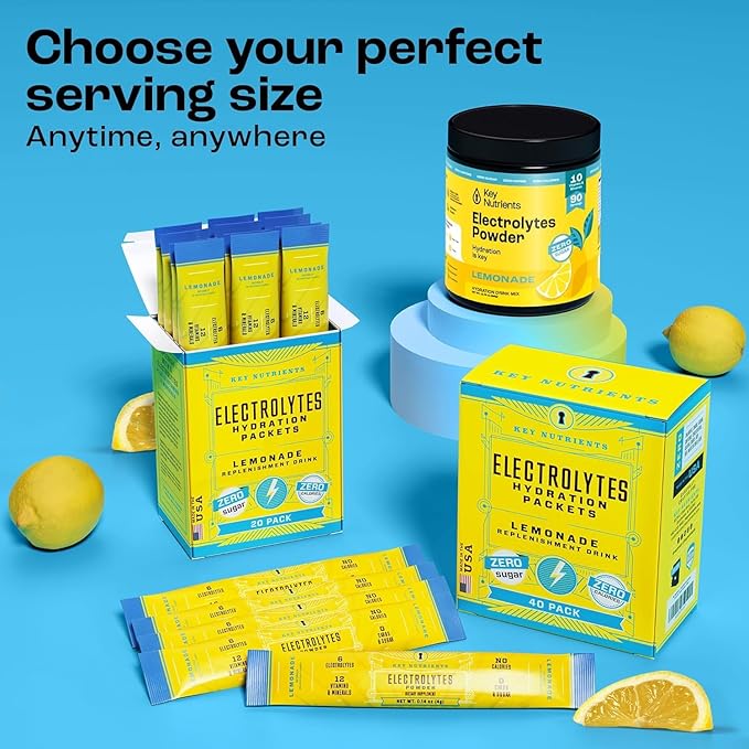 KEY NUTRIENTS Multivitamin Electrolytes Powder No Sugar - Refreshing Lemonade Electrolyte Powder - Sodium & Energy Supplement - Hydration Powder - No Calories - 90 Servings - Made in USA
