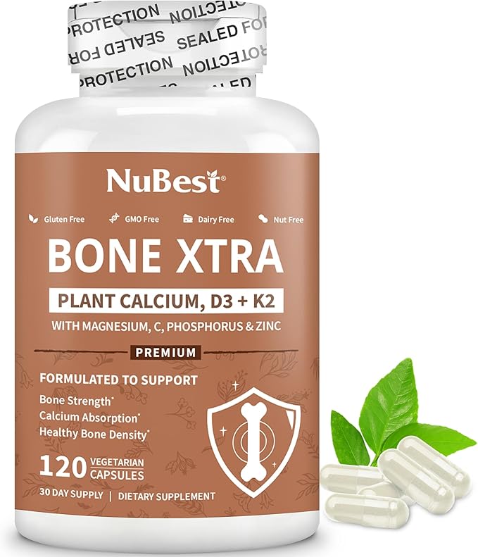 Bone Xtra Plant-Based Bone Strength Formula with Calcium, Magnesium from Marine Algae, Phosphorus, Vitamin C, K2, D3 | Immunity & Maximum Calcium Absorption | 120 Vegetarian Capsules | 1 Month Supply