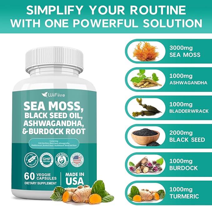 Sea Moss 3000mg Black Seed Oil 2000mg Ashwagandha 1000mg Burdock 1000mg Turmeric 1000mg Irish D3 Yellow 60 Count