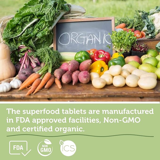 Organic Superfood Greens Fruits and Veggies Complex - Best Dietary Supplement with 14 Greens and 14 Fruits & Vegetables with Alfalfa Rich in Antioxidants Organic Ingredients Non-GMO 60 Tablets